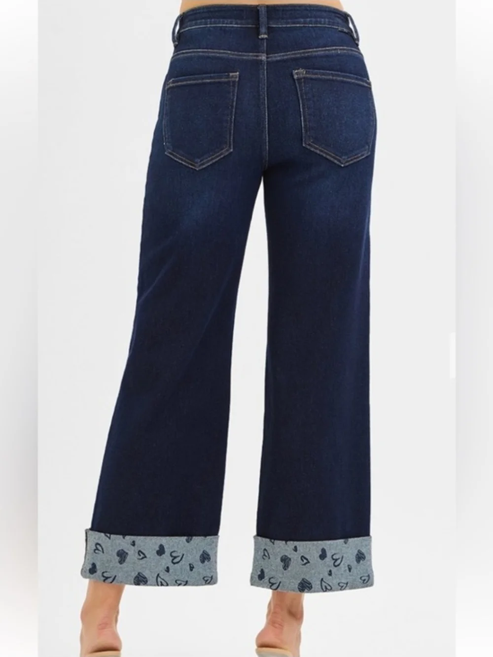 Risen Crop Wide Leg Dark Blue Jeans with Cuffed Heart-Print Hem
